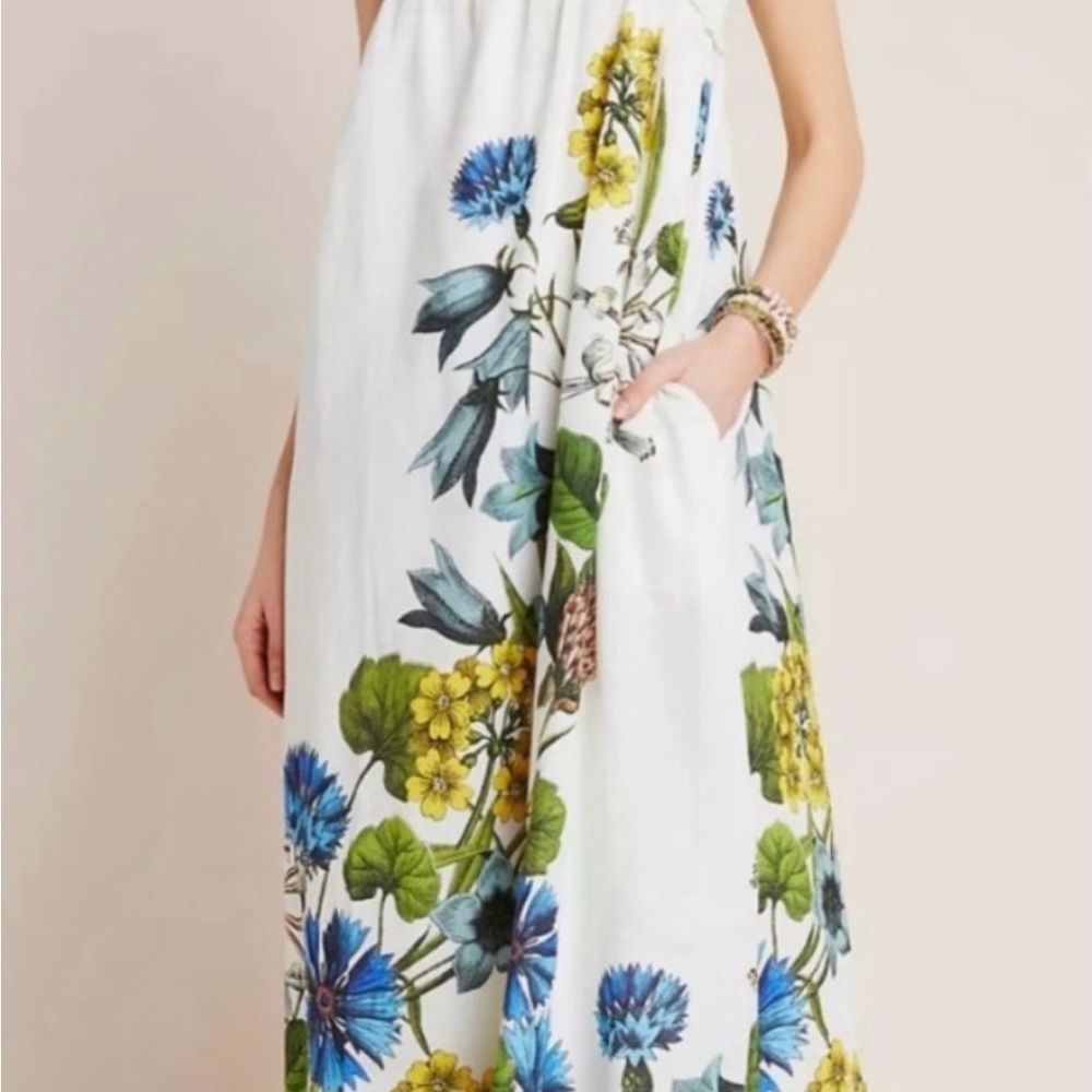 MAEVE Anthropologie botanical Maxi Dress with Blue and Yellow Floral, size small